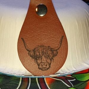 Brown Leather Keychain with Highland Cow Design